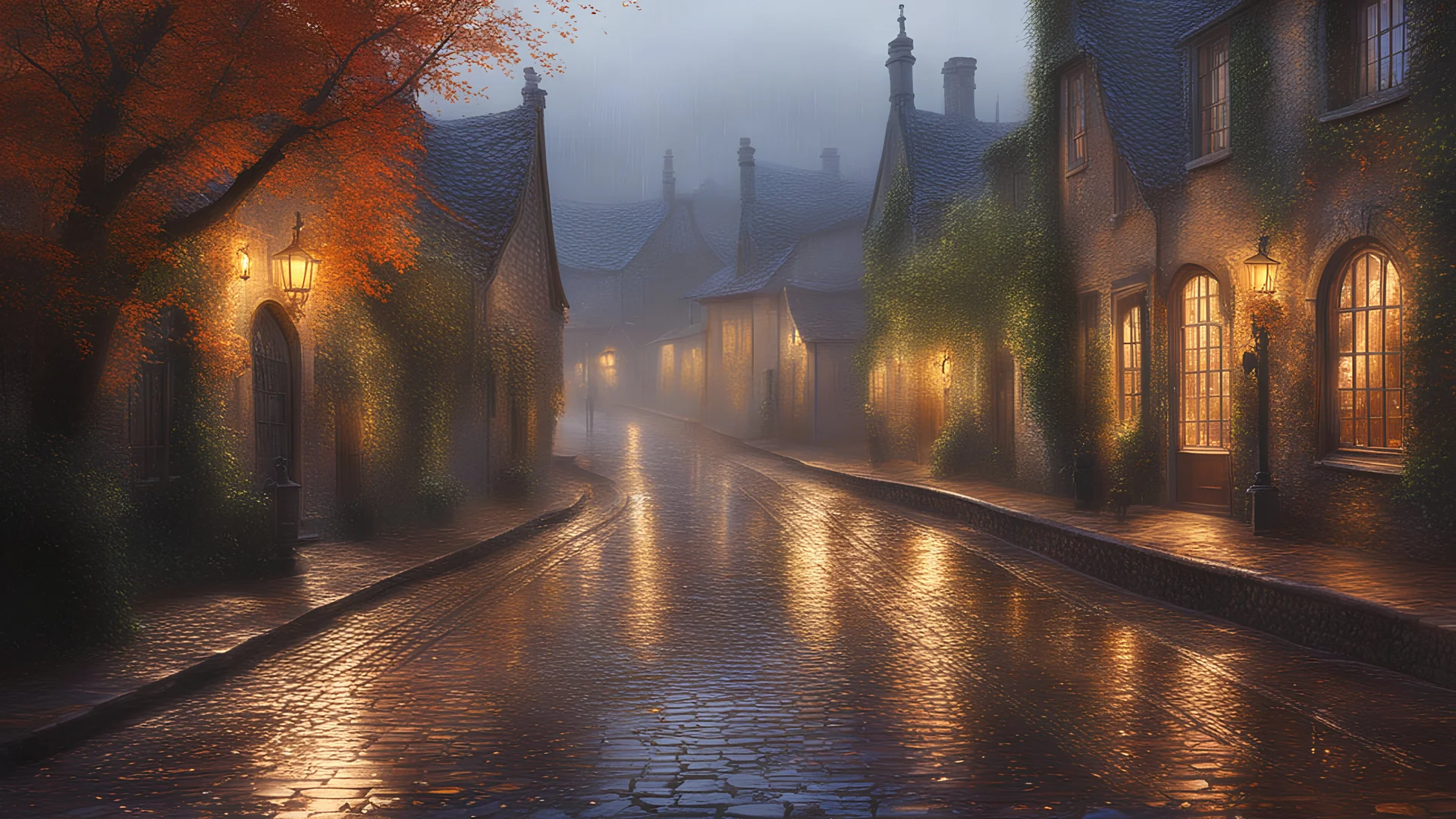 A rain-soaked cobbled street, in a picturesque сity, lights in the windows, trees, subdued light, meticulously detailed, hyperrealistic. Good depth of field like f/32, distant mist, elegant fantasy atmosphere, mood picturesque rain sunset village, intricate very attractive, evening time, late autumn, wet brush effect, intricate painting by Guido Borelli da Caluso, Ferdinand Knab, Ernst Haeck