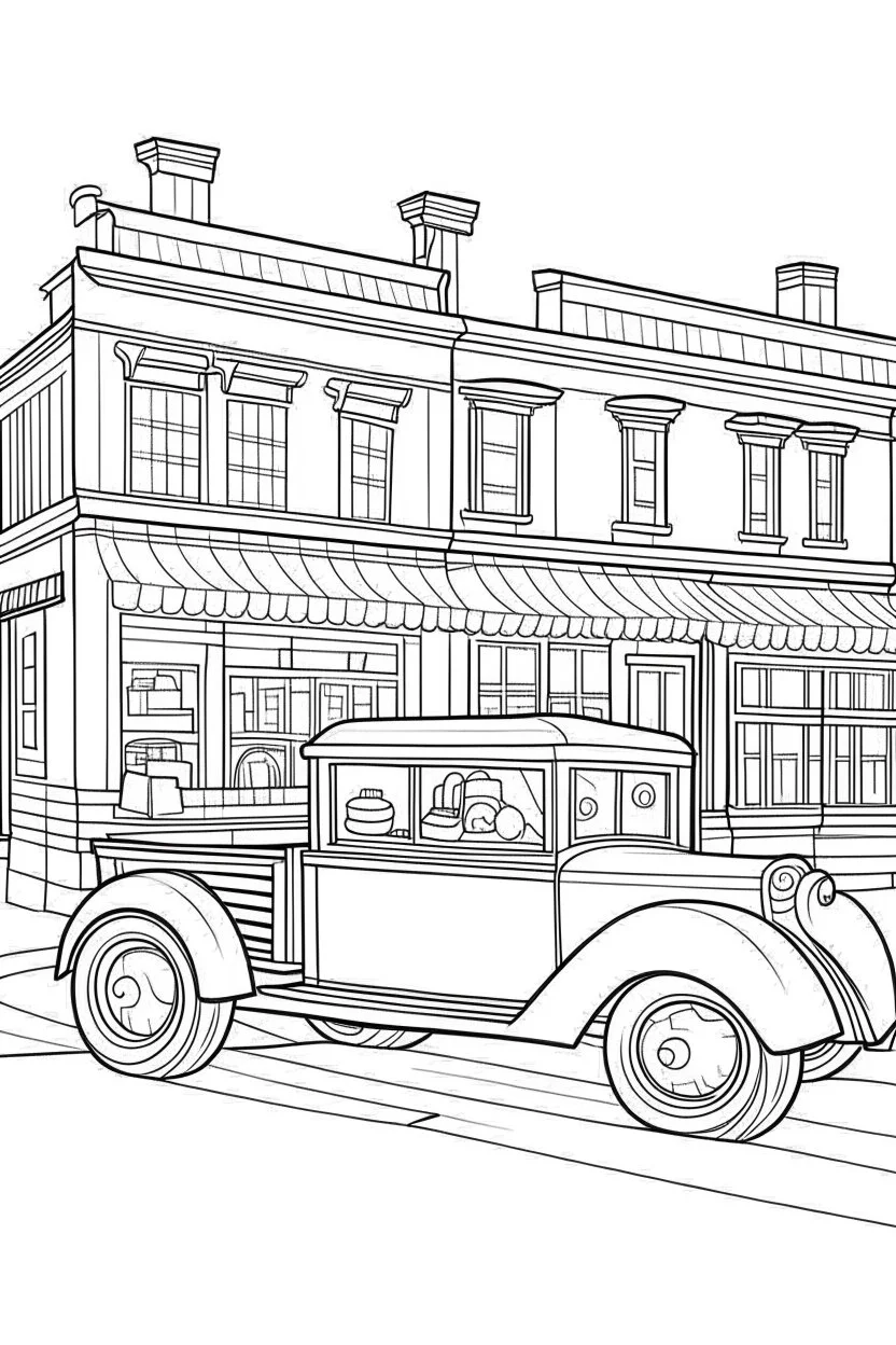 Outline art for coloring page OF A 1943 PULL TOY IN THE UNITED STATES IN FRONT OF A STORE, coloring page, white background, Sketch style, only use outline, clean line art, white background, no shadows, no shading, no color, clear