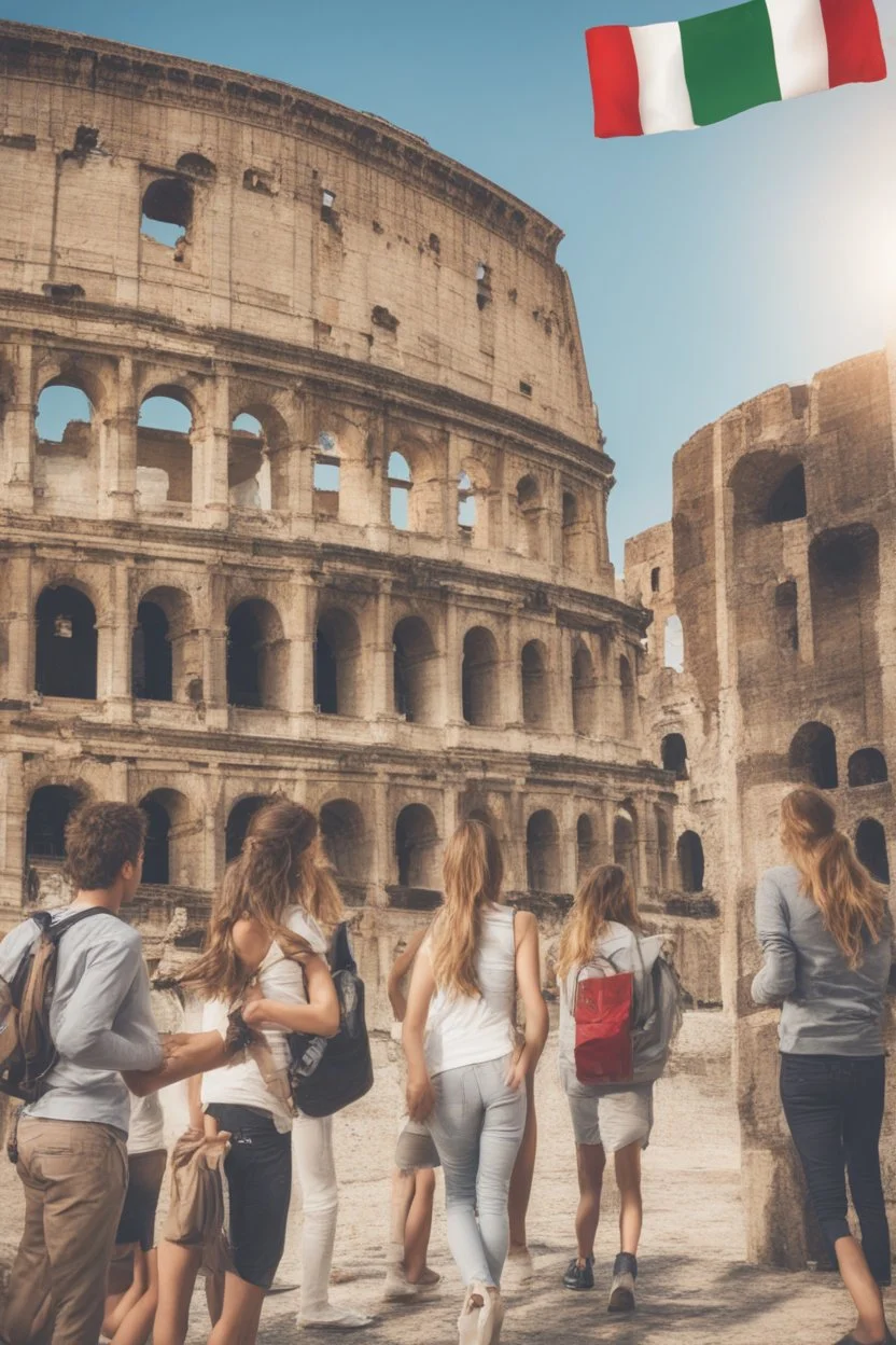 Imparare l'italiano. Gli studenti imparano la lingua, mentre dietro sullo sfondo l'alfabeto italiano. Il Colosseo e la bandiera italiana.