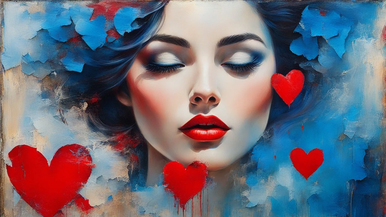 old painting, torn edges, blue, WOMAN, love, red heart, light, flower, double exposure, abstract surreal portrait, oil painting in impressionism, large strokes, airbrush effect, textured painting, antique style, vintage, semi-abstract, semi-realistic, surreal .