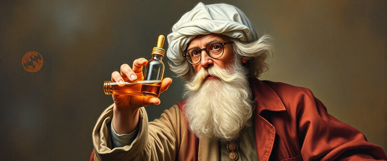 pin hole cam, master oil painting by Rembrandt, realistic rendering of crazy scientist holding a holy super power vial