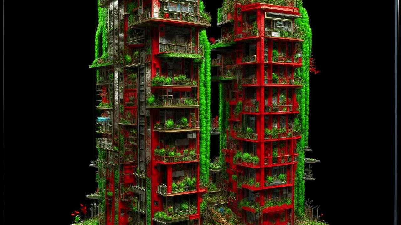 Organismo vertical que asciende mediante desplazamientos laterales, generando vacíos estructurales, pasarelas visibles y una fachada saturada de micro‑ritmos, con acentos rojos y verdes que irrumpen la masa mineral.