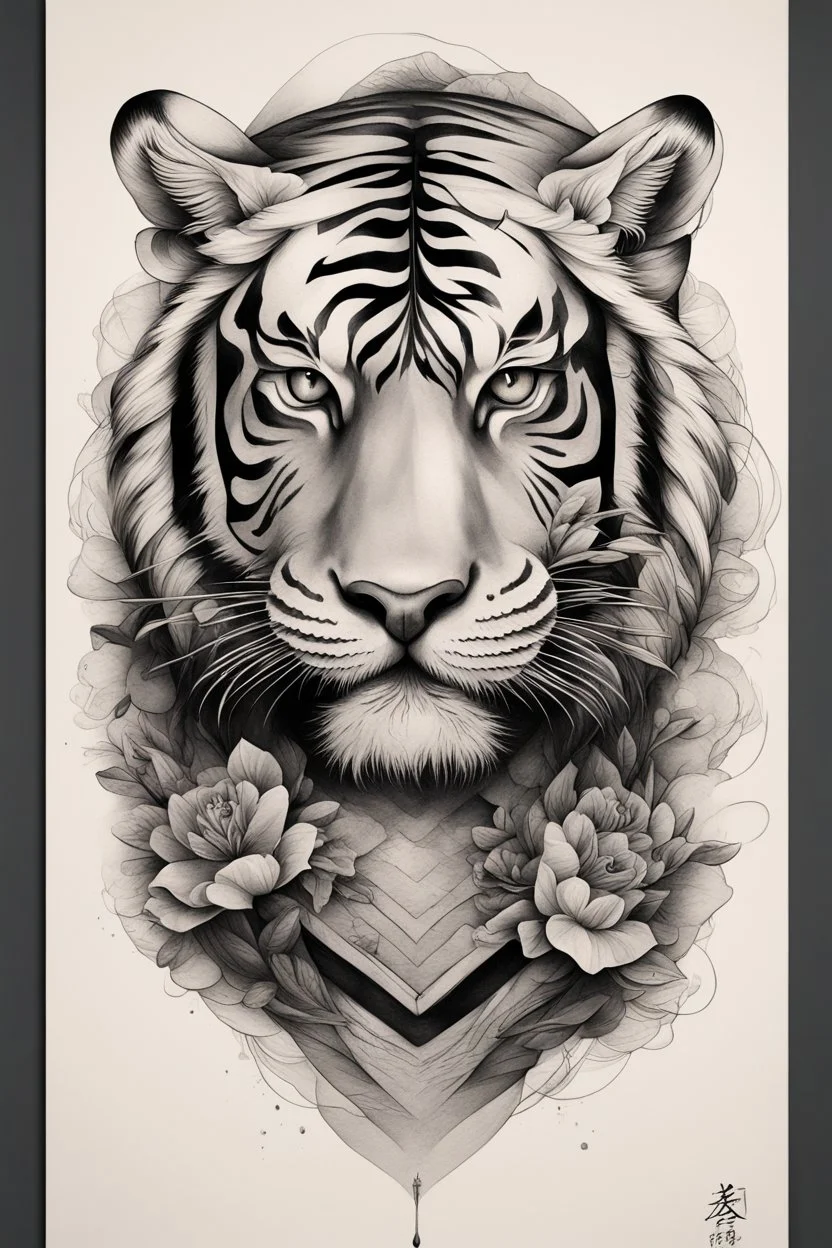 Create a captivating modern 2d ink tattoo design for print , prestigious Divine Tiger using the elegant influences of japan art style, for print, dynamic elements from fashion and design, and bold Japanese contemporary art aesthetics, framing centered in the center, distanced from the edges of the paper perimeter, perfect anatomy, bauhaus, Divine Proportion,
