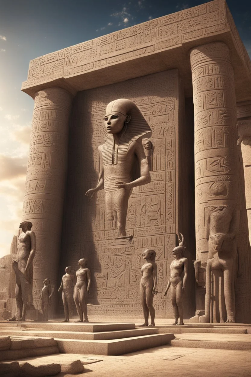 An extremely detailed photorealistic image depicting the ancient astronaut theory, featuring {alien beings interacting with ancient human civilizations, advanced technology amidst ancient structures}, set in {an ancient Egyptian temple, with hieroglyphs and monumental statues}. Hyper-realistic, inspired by the works of {Erich von Däniken, Giorgio A. Tsoukalos, David Hatcher Childress}. Shot with a high-resolution camera, using a {wide-angle lens}, under {natural sunlight}. Ultra-high-definition,