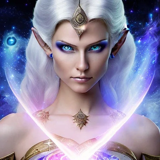 cosmic mage, elf, female, battle mage, epic, cosmic magic, long ears, white hair, face details, pale skin, jewellery, broad shoulders, glowing eyes, sharp ears, cosmic clothes, bright eyes, cosmic eyes, ears shown, light out of eyes, the cosmos in eyes, stars in eyes, shining eyes, small jaw, non human face