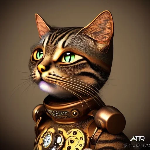 character render of mechanical tabby cat, intricate, ultra-fine detailed, steampunk, ornate, 8k, ultraHD, high-quality, portrait, 3d, realistic, trending on artstation, midjourney style, elaborate, openjourney style, interesting background