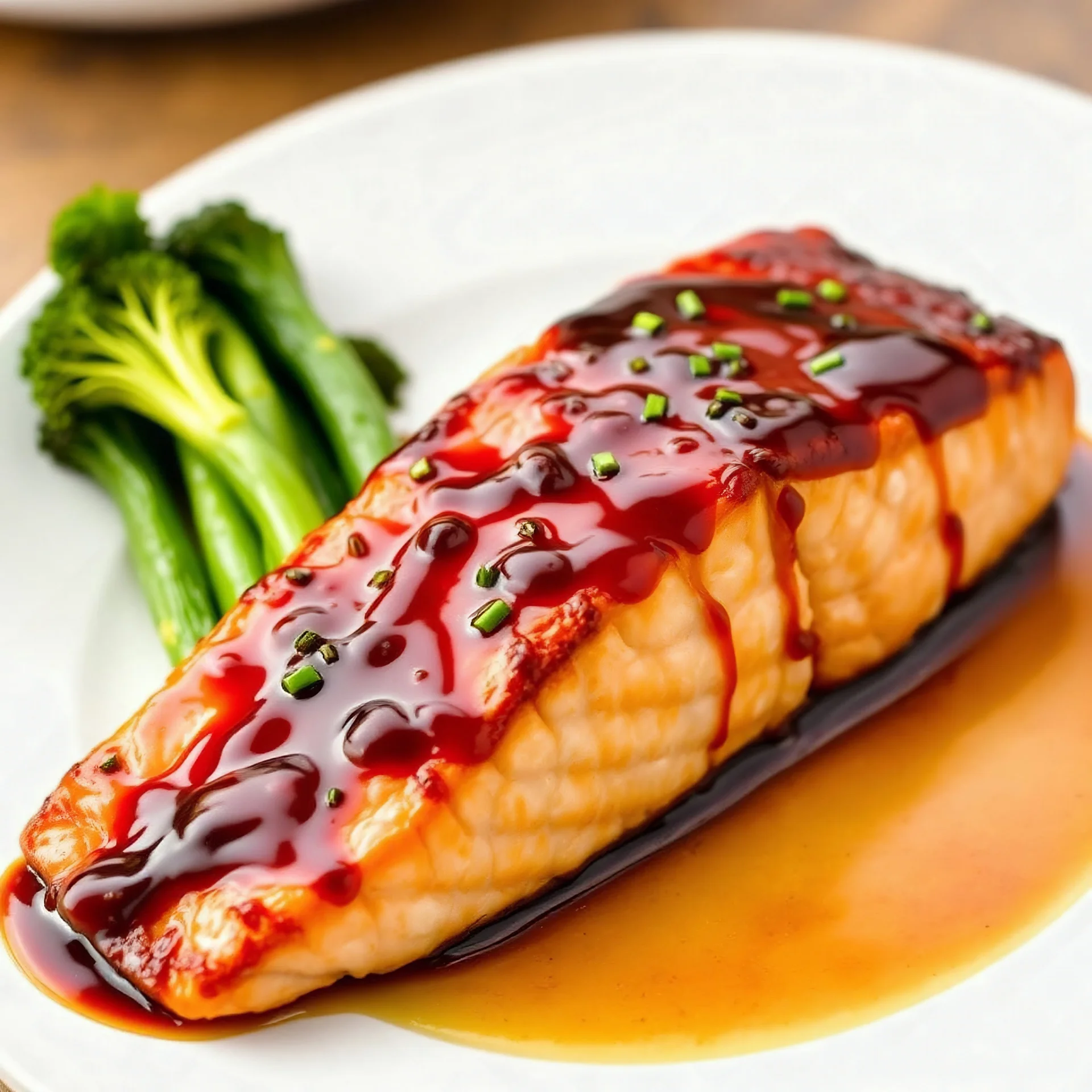 full view of Teriyaki Salmon fillet, glazed with a shiny teriyaki sauce and served with steamed vegetables.