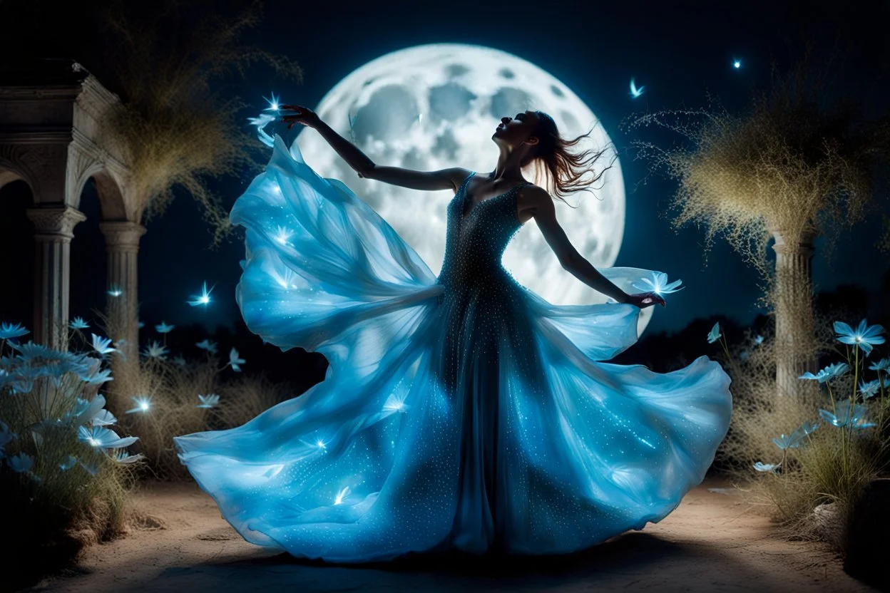 a stunning detalied surreal image where a dancer's dress transforms into a silver and Bioluminescent lihght capturing the elegance and etheraly of dance, the background is a cracked , ruined nightly garden with plants siluettes, and little fireflies, dark night, full shiny moon, stunning, masterpeace