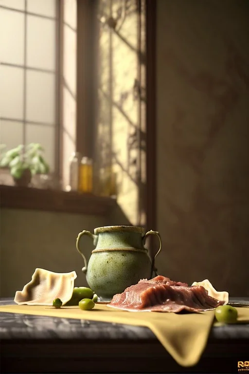 renaissance style still life composite, dish of Raviolis with meat, vine cup, olive oil. moisture, art, natural, ornaments, ceramic, marble, high kitchen, smooth, god rays, unreal engine 5, ray tracing, RTX, lumen lighting, ultra detail, volumetric lighting, 3d.