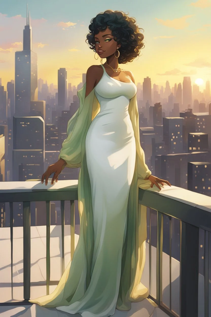 The scene opens onto a serene balcony overlooking a bustling city skyline. The sky above is painted in soft hues of green and yellow as the sun begins its descent, casting a warm glow over everything it touches. In the foreground stands a captivating figure, airbrush chibi cartoon curvy black woman exuding confidence and elegance. She is adorned in a flowing white knit maxi dress that hugs her curves in all the right places, accentuating her silhouette. Her choice of footwear is equally stunning