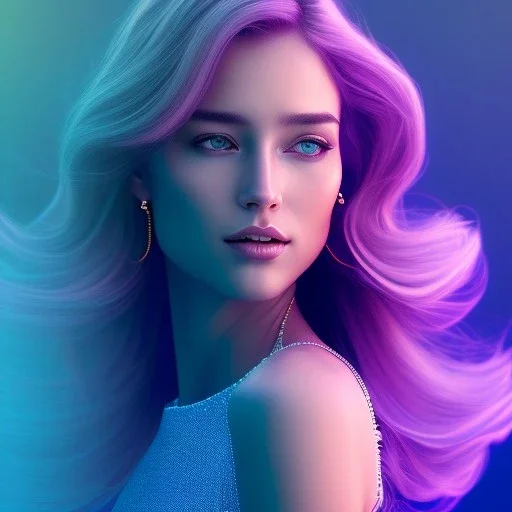 A portrait very beautiful woman ,smiling, longs hairs,elegant, atmospheric, realistic, cinematic lighting, pink blue light, 8k, galactic atmosphere, flowers