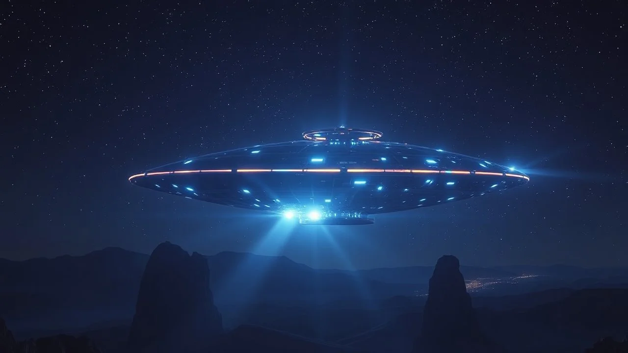 Ethereal holographic self iluminated hyper futuristic flat mothership over Es Vedra in a starry night