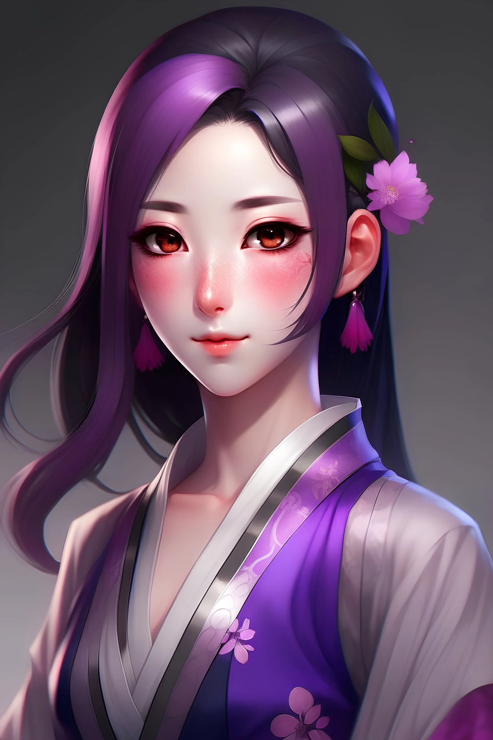 Crea un personaje con las siguientes característica: Personaje mujer, con rasgos asiáticos, piel blanca, pelo violeta oscuro, ojos rosados, vestimenta típica japonesa con colores de gama violeta. altura aproximada a 1.80 cm de unos 26 años ,que porte una catana. Este personaje se encuentra en una ciudad antigua típica japonesa.