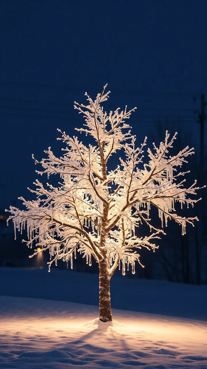 The ice tree shimmers in the light of the lights , a white rose