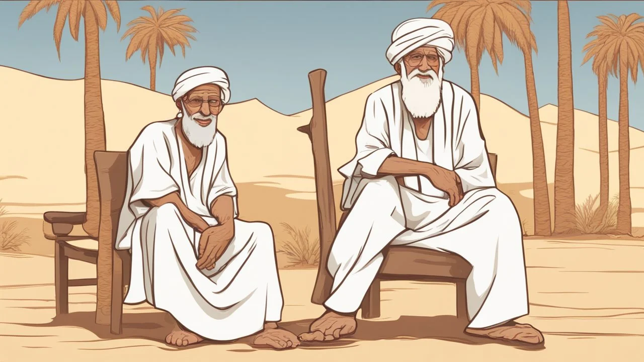 Old man, Arab, turban, white clothes, cattle, desert, council, sun, palm trees, mud houses, holding a stick, looking forward, a very slight smile.cartoon,Sitting on a chair,long beard,Mouth slightly open