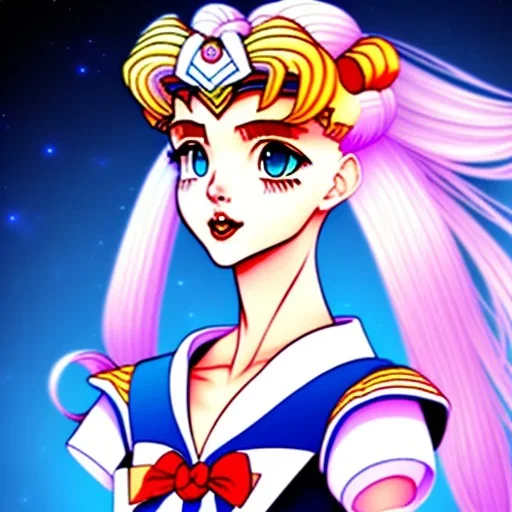 sailor moon con pelo largoi rubio, con traje blanco