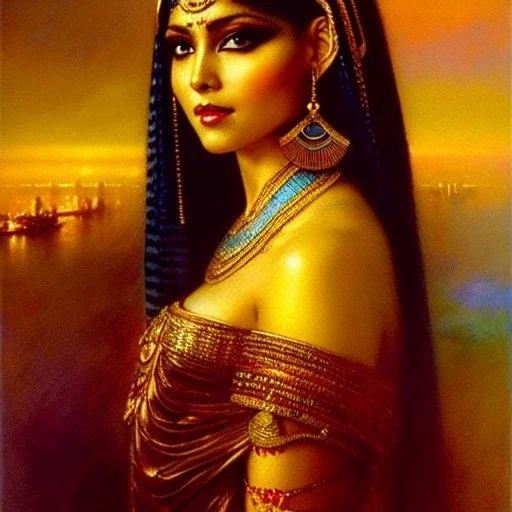 Drawing of beautiful face,busty 'cleopatra',throne,hieroglyphics,balanciaga fashion clothe painting by gaston bussiere, greg rutkowski, yoji shinkawa, yoshitaka amano, tsutomu nihei, donato giancola, tim hildebrandt, oil on canvas, cinematic composition, extreme detail,fit full head inside picture,16k