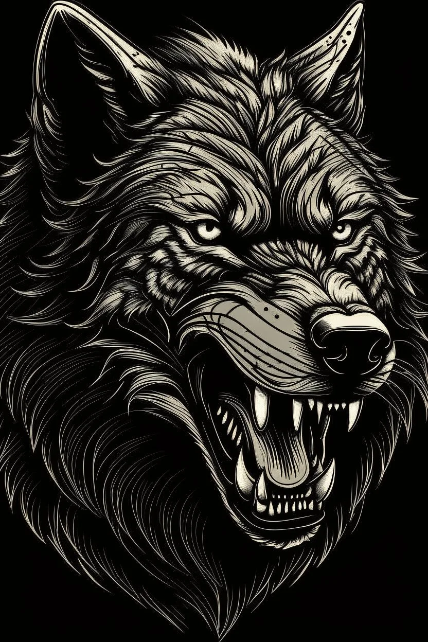 "Generate an AI line art of a 'Brutal Wolf' in a half-body shot. Depict the wolf with fierce and rugged features, emphasizing its strength and intensity. Use bold lines and sharp details to create a commanding and powerful portrayal of this iconic creature."