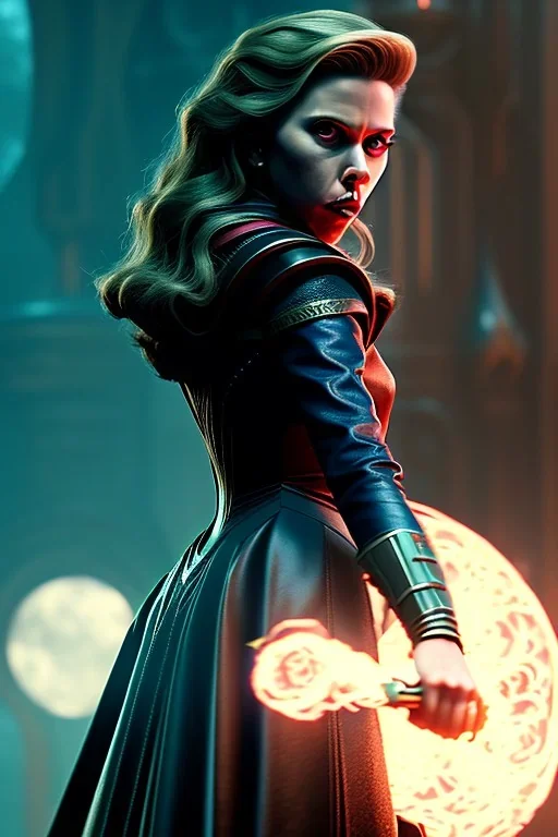 Scarlett Johansson as evil queen in black leather gown, cleavage, angry, stern look, unreal 5, octane render,cinema4d, dynamic lighting, dramatic lighting, 4k, redshift render, highly detailed, hyper realistic