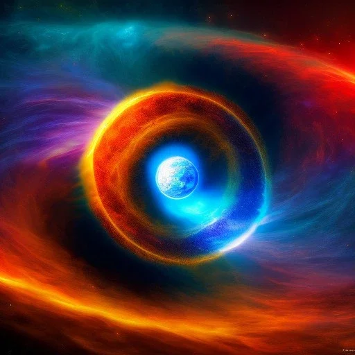 phsychedelic, swirling colors, red sun in center, blue moon, blackhole, stars, space