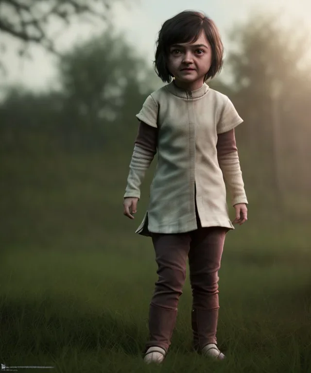 Arya stark toddler, full body, soft skin, dramatic lighting, hyper realistic