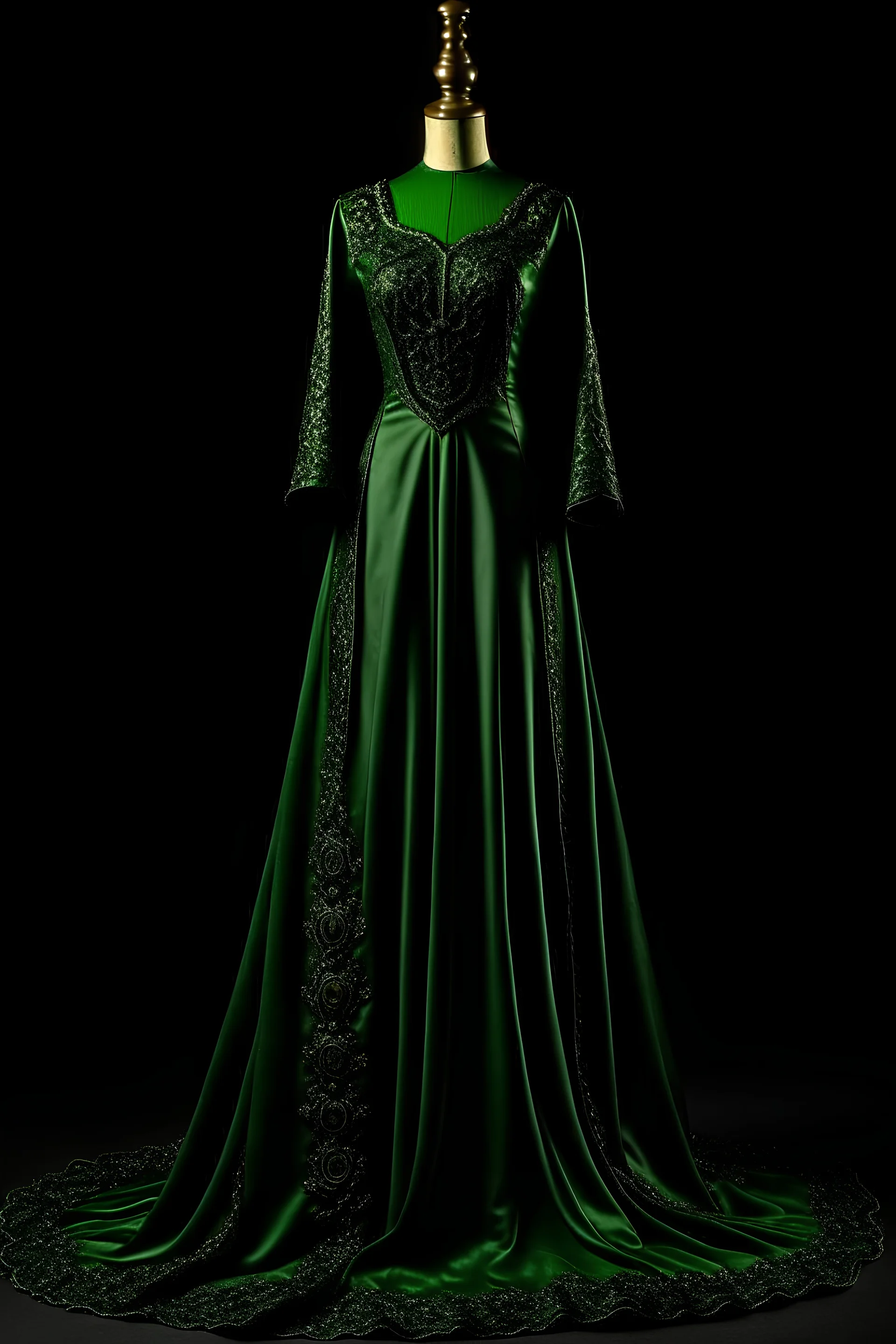 A dress for veiled women that focuses on the waist of the dress. A slim waist. A dark green satin dress that defines the chest and highlights its beauty. Embroidered and decorated with delicate, soft ornaments that shine brightly from the chest. The decorations define the shape of the waist. A triangle downwards defines the slim waist. Dark green satin sleeves. High quality mannequin. Harmony. The dark green dress. Hijab Arab Muslim