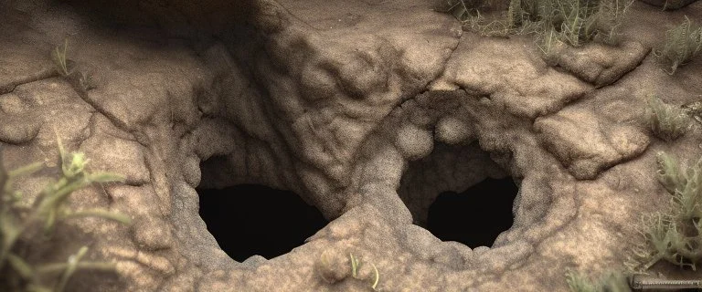 character in semi-darkness, on the scree cone of an underground room dimly lit by daylight coming from a well located forty meters above.