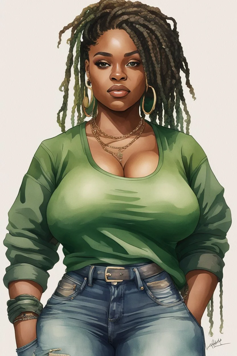 Create a watercolor image of a curvy black female wearing tight cut up jeans and a green tshirt with timberland boots. Prominent make up with hazel eyes. Highly detail dread locs