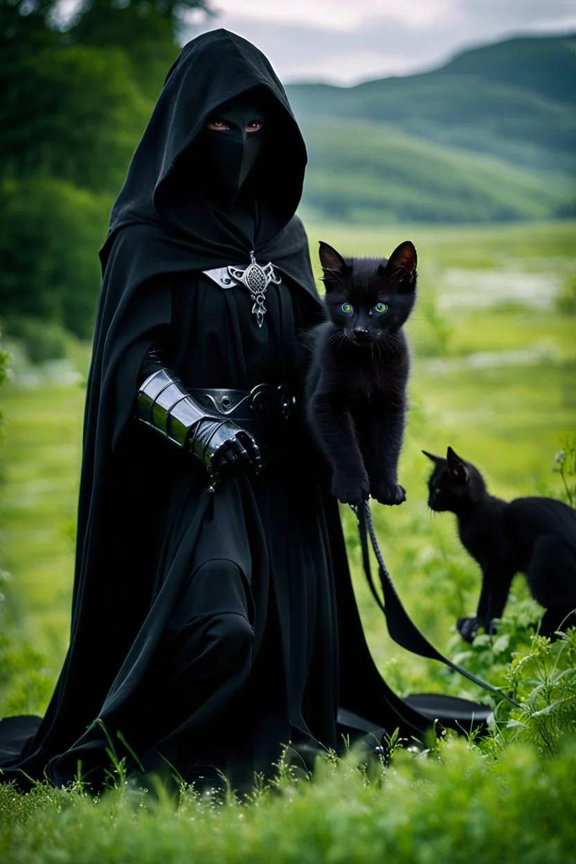 a full-length photograph of a [black-robed hooded Nazgul from the [Lord of the Rings] movies, articulated metal gauntlets] stands over a [small black kitten] which laps from a [small bowl of milk] on the ground, a [huge black warhorse, black saddle] in the background, depth of field, green meadow, mood ominous --style raw