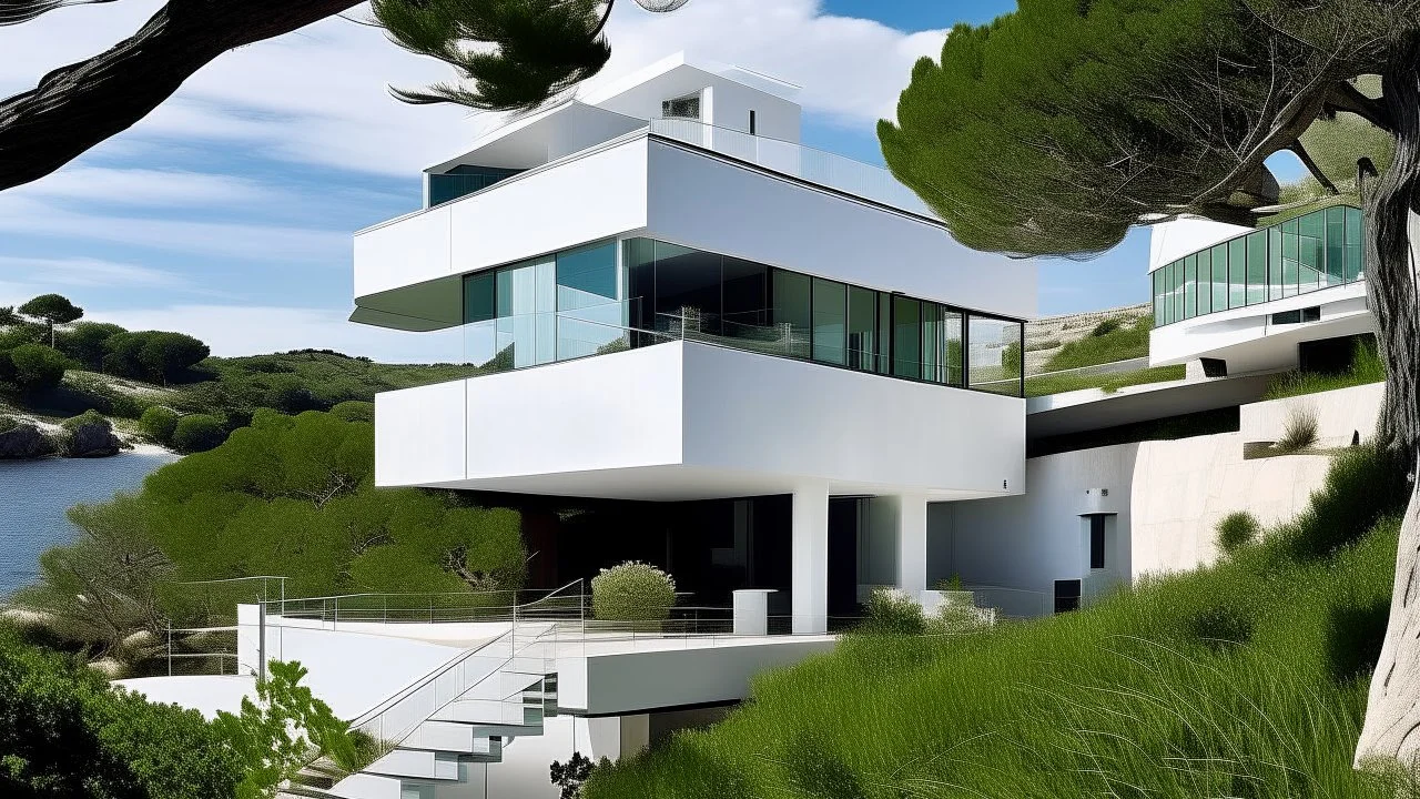 La Casa E-1027 de Eileen Gray articula una composición libre y funcional de volúmenes blancos ligeros, adaptados al terreno costero, donde la geometría moderna se combina con una sensibilidad doméstica y marina.