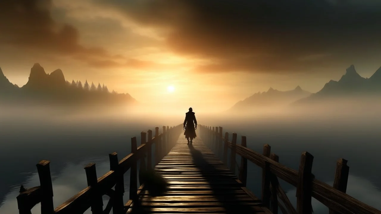 walking straight ahead over a wooden bridge, holding the angel of death with your right hand, entering the fog at the end of the road that leads to the afterlife, a stream from the mountains flows from the right and left, and a beautiful sunset behind the fog, and the kingdom of Heaven, realistic