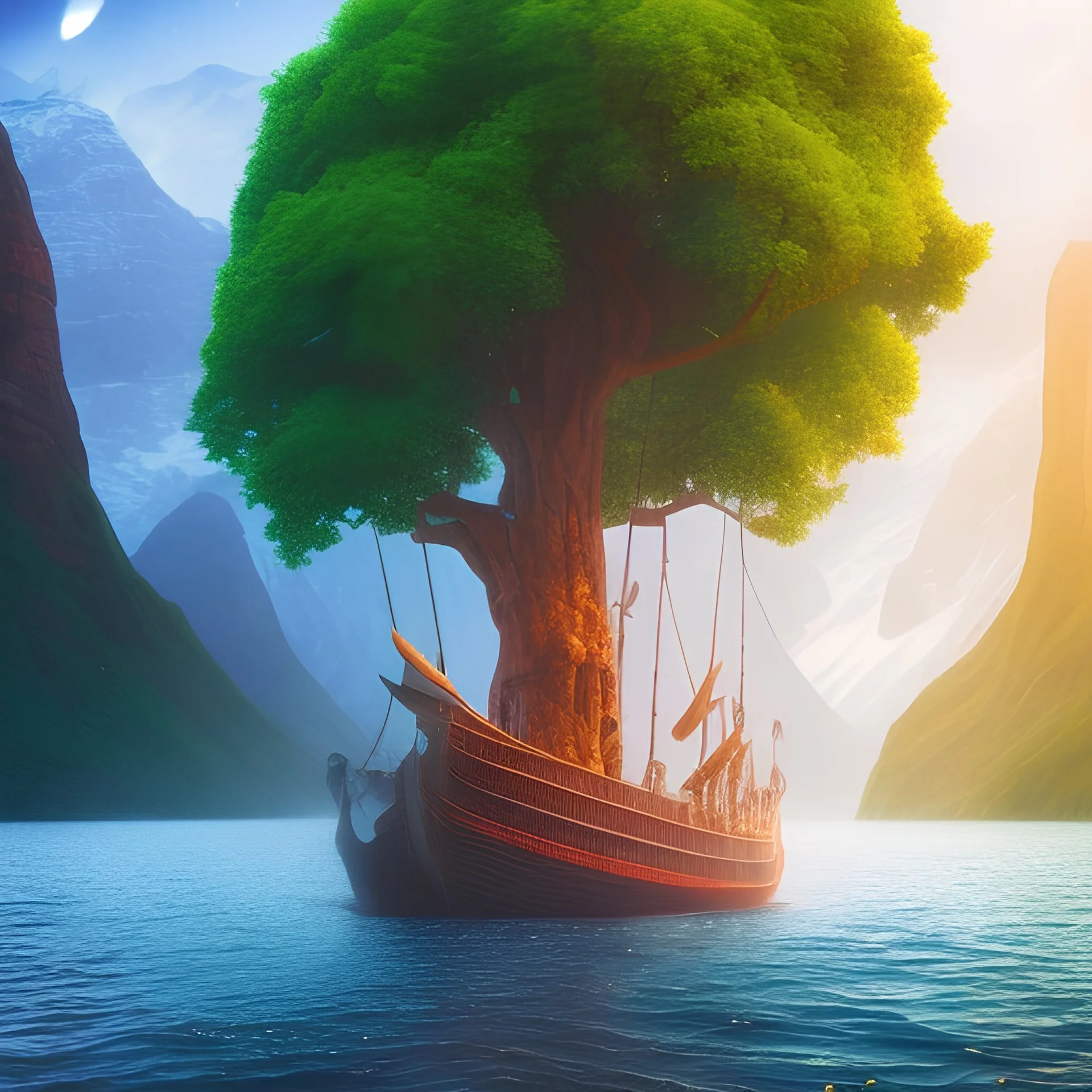 Nærøyfjorden Verdsarvpark, tree on a viking ship, in the style of pixar, book cover illustration