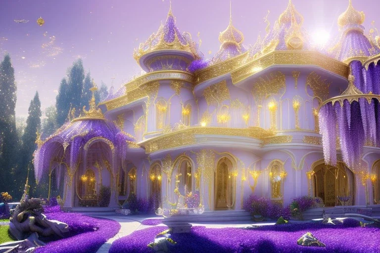 a magical crystal flower wisteria pink gold house palace in the woods, blue lake,sun,white swanns,pink vertical, blue lake,sharp, vines, candlelit, endor, ornate, elegant, highly detailed, artstation, concept art, smooth, sharp focus, illustration, 8k, splash art, wallpaper, key visual