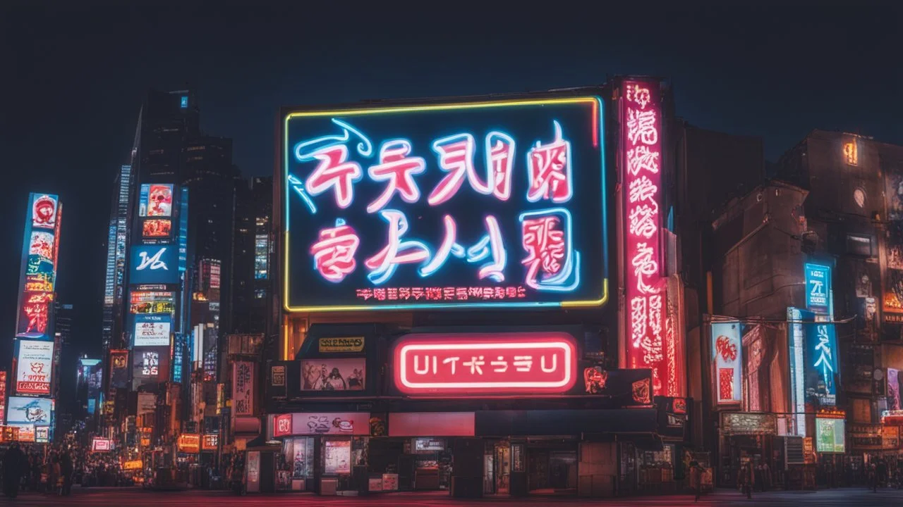 a billboard branded writing english Odk Tokusentai in neon light, in the city center, at night.