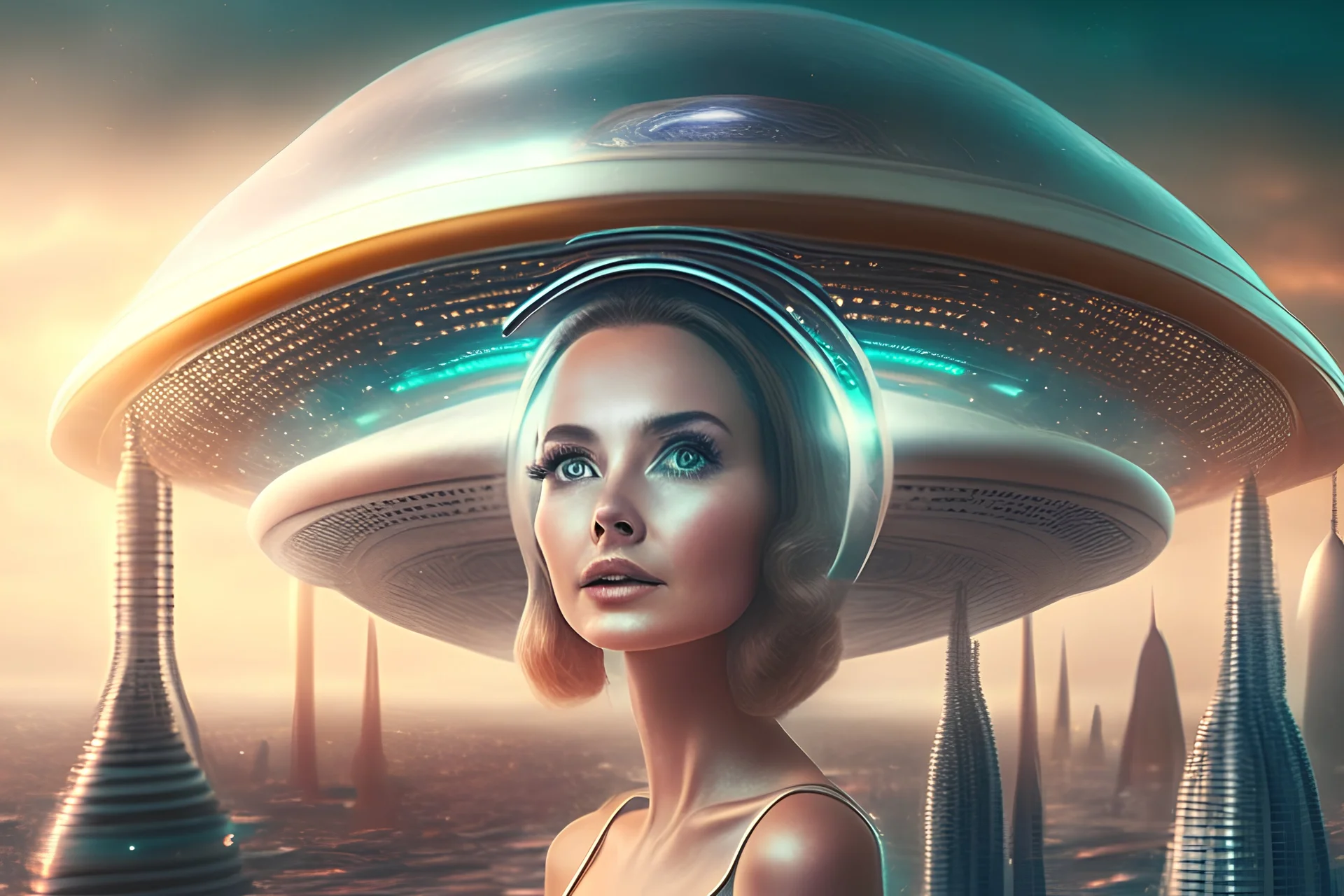 beautiful woman in flying saucer with clear dome top over future alien city