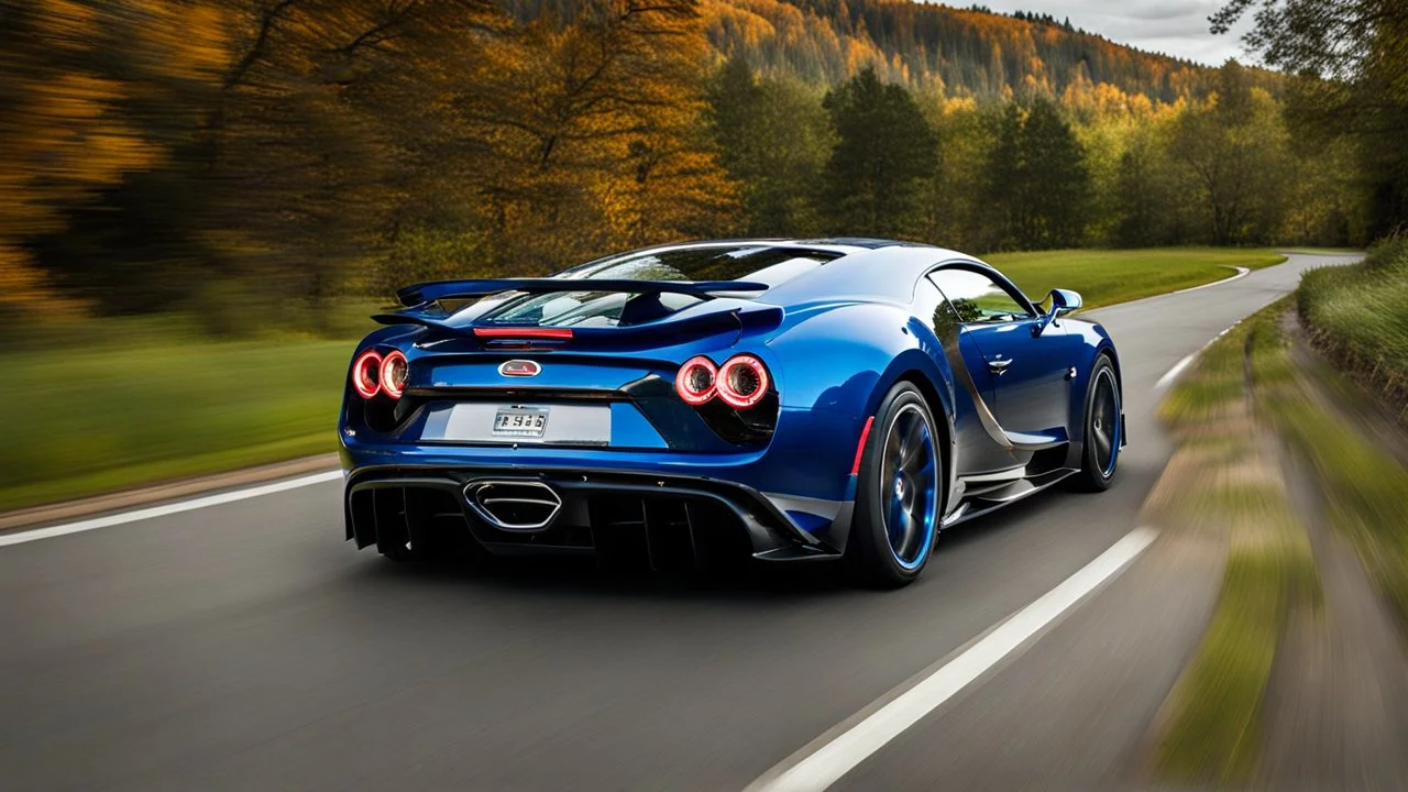 Bugatti mustang rear view fast on road