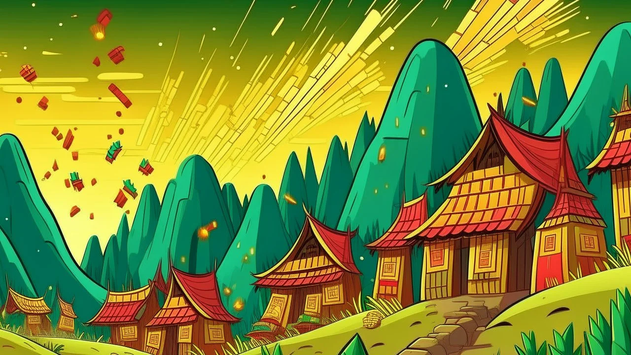 fantasy cartoon style illustration: bamboo firecrackers make loud noises in a very small Chinese mountain village