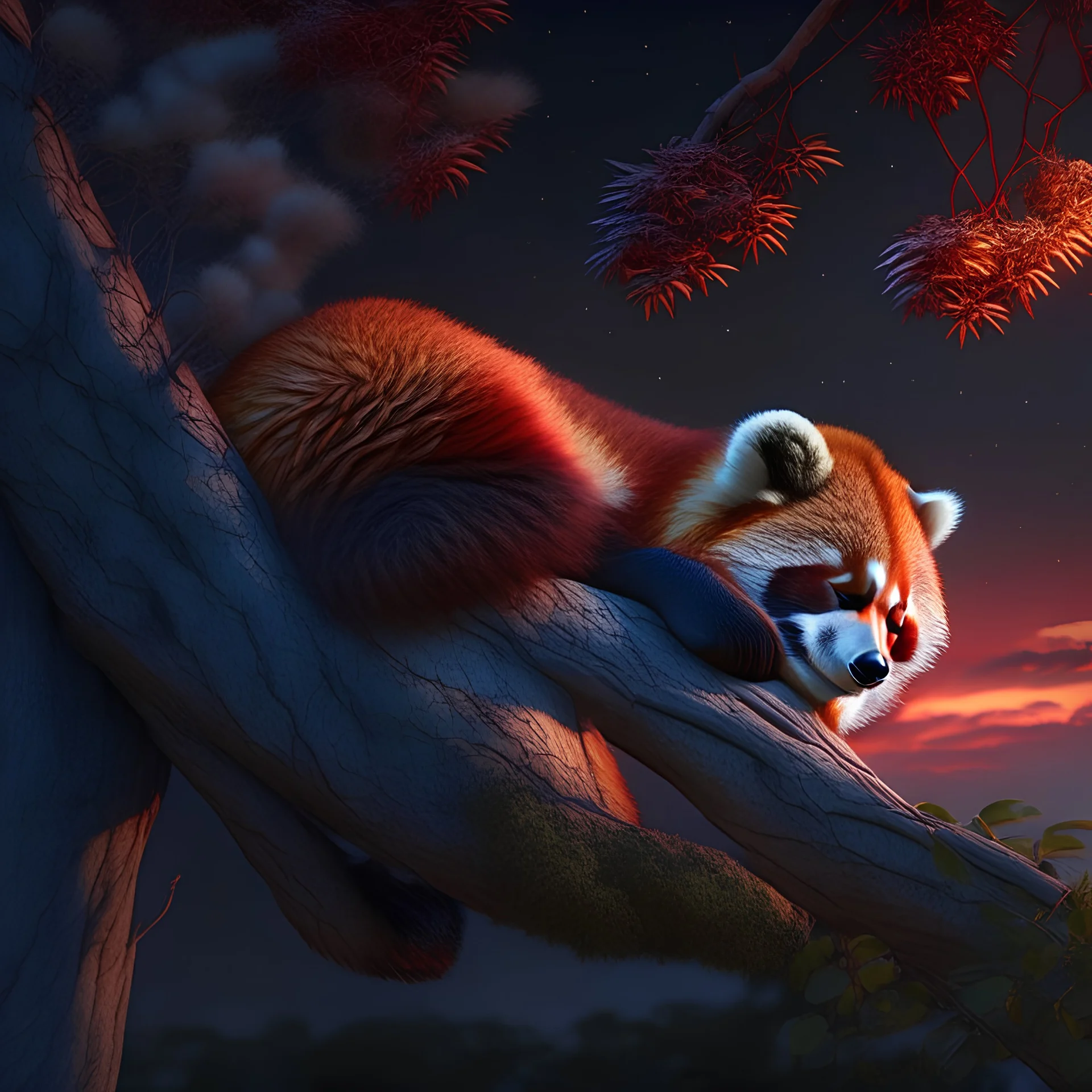 red panda sleeping on tree branch. evening sky from distance, anatomy detail. 4K image