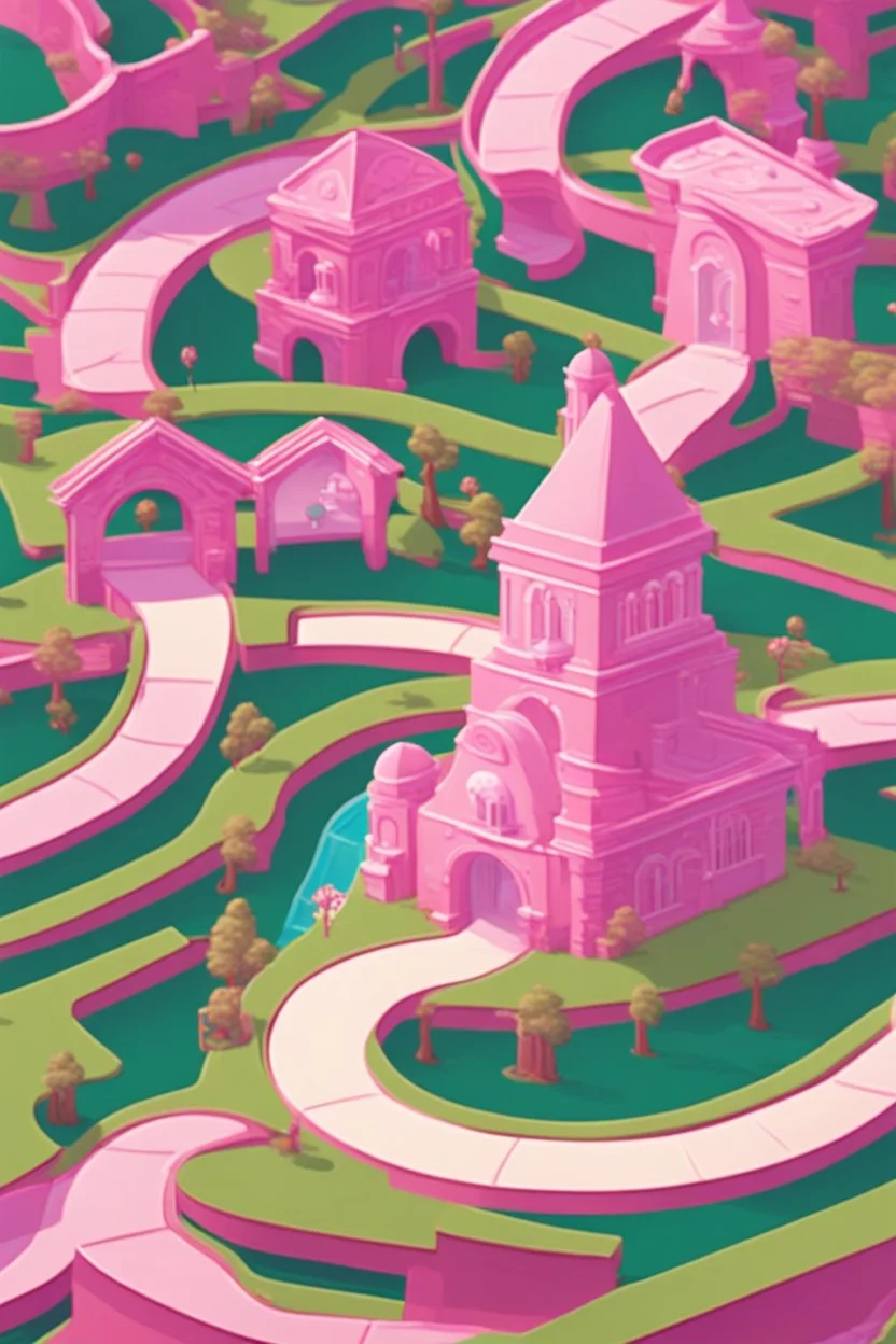 Barbie-themed maze for kids, featuring vibrant pink colors, Barbie's iconic elements, and an engaging, fun-filled path. 2d. highlight the destination point