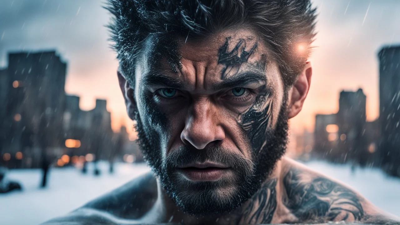 Double exposure, Wolfman, photorealism, man, city, sunset, snow, rain, fantasy, mystical, tattoo, vertical pupils, high detail, high resolution, 8K