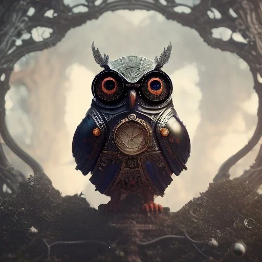 Steampunk Owl, tilt shift,miniature, extreme detail, Photorealism, macro lens 100mm, cinema4d, HDR, 8k, unreal engine 5