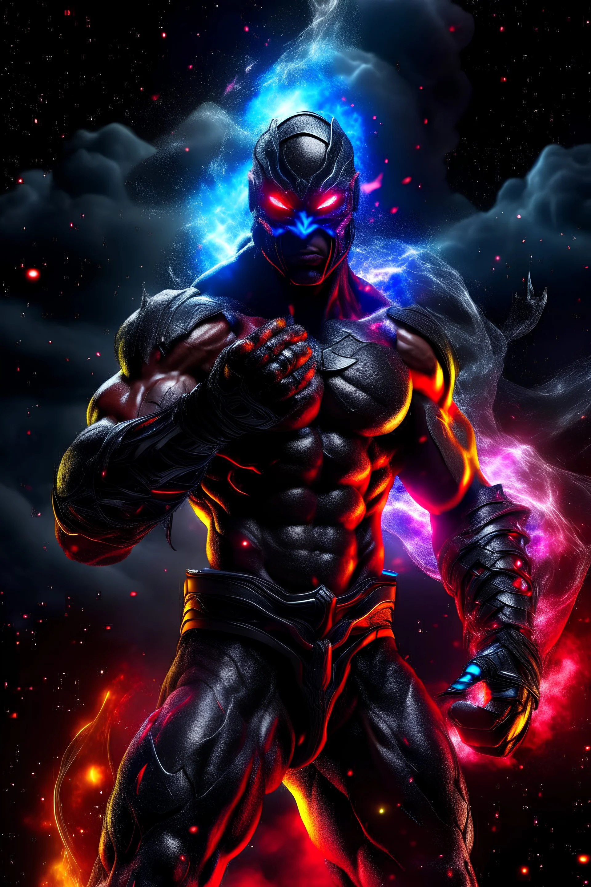 fire, lightning, wind, rain, volcanic lava, fireworks, explosions, multicolored neon lights, outer space background -- an extremely muscular man wearing a black, bandit eye mask, a black, skintight, formfitting cowl, a black, skintight, formfitting kevlar bodysuit, black gloves, silver wrist gauntlets, silver belt, silver knee-high boots, silver lightning emblem on the chest, with cobalt blue eyes, a mustache and goatee,