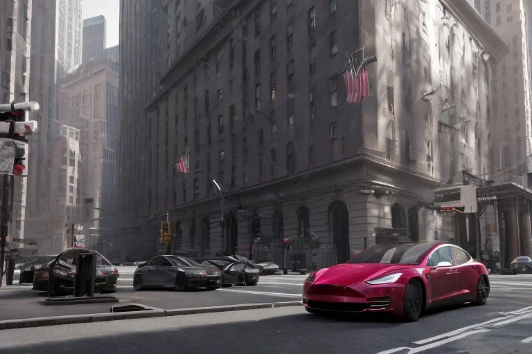 A Tesla 'Model S' is parked, on 'Wall Street', in New York. (CINEMATIC, WIDE ANGLE LENS, PHOTO REAL)
