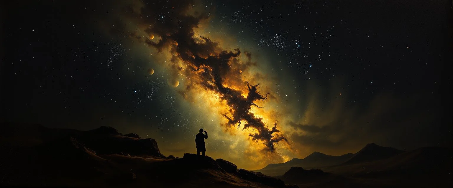 pin hole cam, master oil painting by Rembrandt, [Storyteller echoes:] "Swallowed by the night..." Is this the fate of all who dare to see— To lose themselves in vast infinity? Then let me be the Fool upon the stage And write my lines upon this cosmic page!