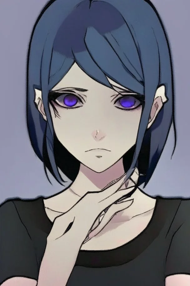 Realistic female teenager with pale skin, big grey eyes, blue and purple shoulder length hair, round face, prominent collarbones, black clothing