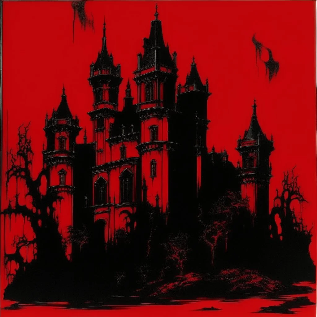 A dark red vampire castle painted by Andy Warhol