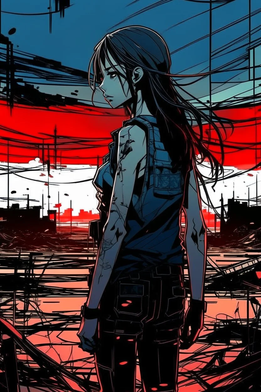 Dark outline line art anime style double exposure of a silhouette of a cyberpunk-inspired woman standing in front of a landscape shot of an active war zone with distant explosions, light black and red long hair, light blue eyes, short red and white tank top, hands on hips, (looking intently at viewer), (viewer from low ground level view with focus on eyes), (double exposure), (inspired by Cyberpunk mixed with Code Geass mixed with Fate: Grand Order), (giant red moon in background), (vibrant colo