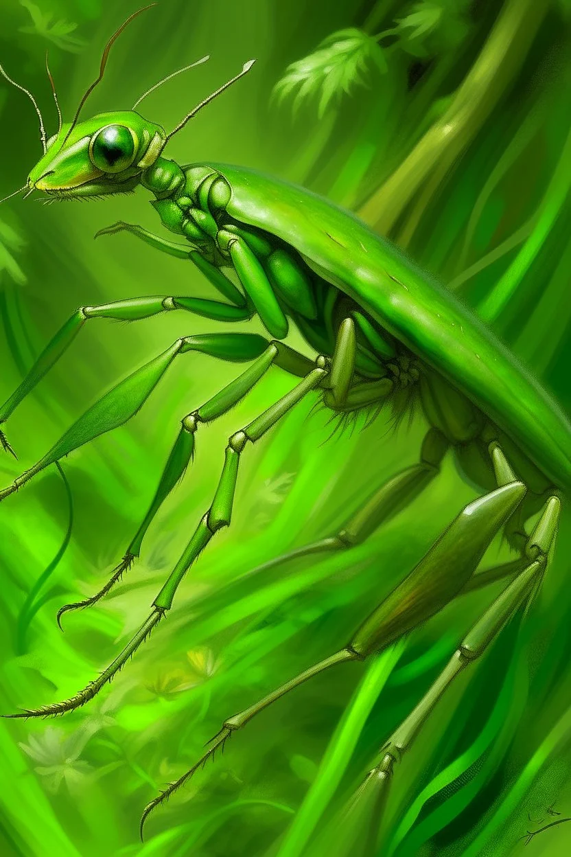 A green nature elemental preying mantis painted by Edgar Degas