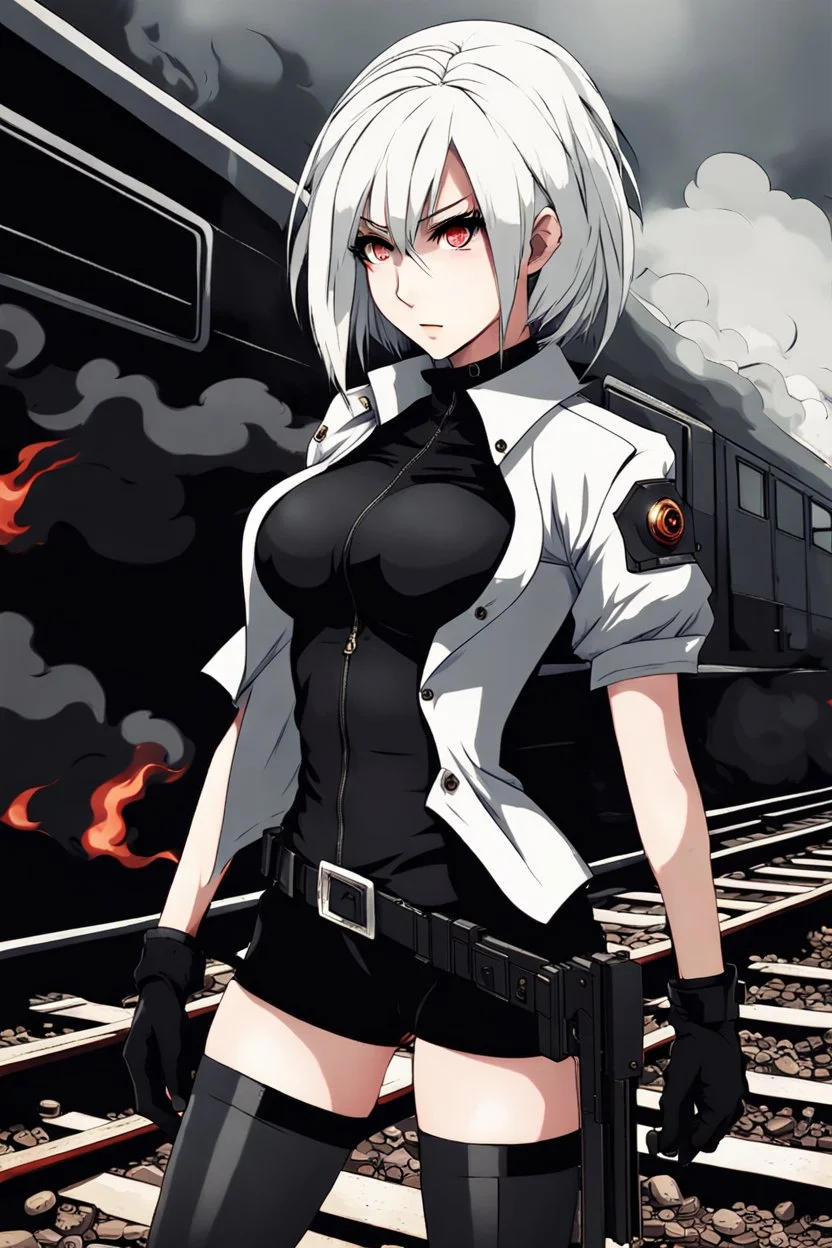 close-up gothic anime girl, white hair, tight outfit with gun on thigh, standing on a train track, smoke and fire surroundings, she is dull and dark, looks determined , train approaching behind her, anime manga style