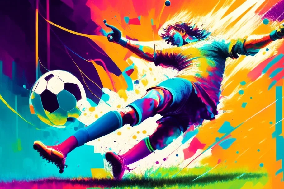 Oil painting, football match, the striker is kicking a goal, the ball is flying, bright but not neon colours, dynamic lines, dynamic blobs, spots, lines in the background of the character, like a colour explosion